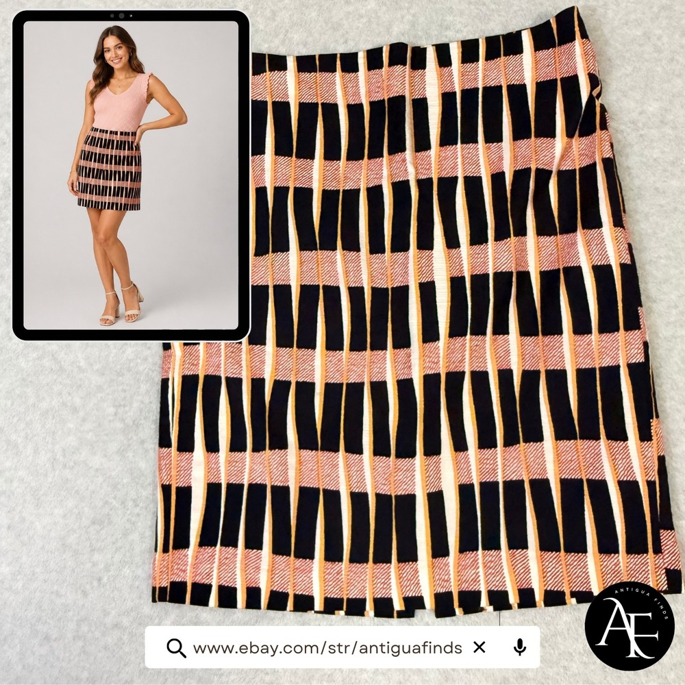 Ann Taylor Factory Geometric Plaid Pencil Skirt Black Orange White Size 8